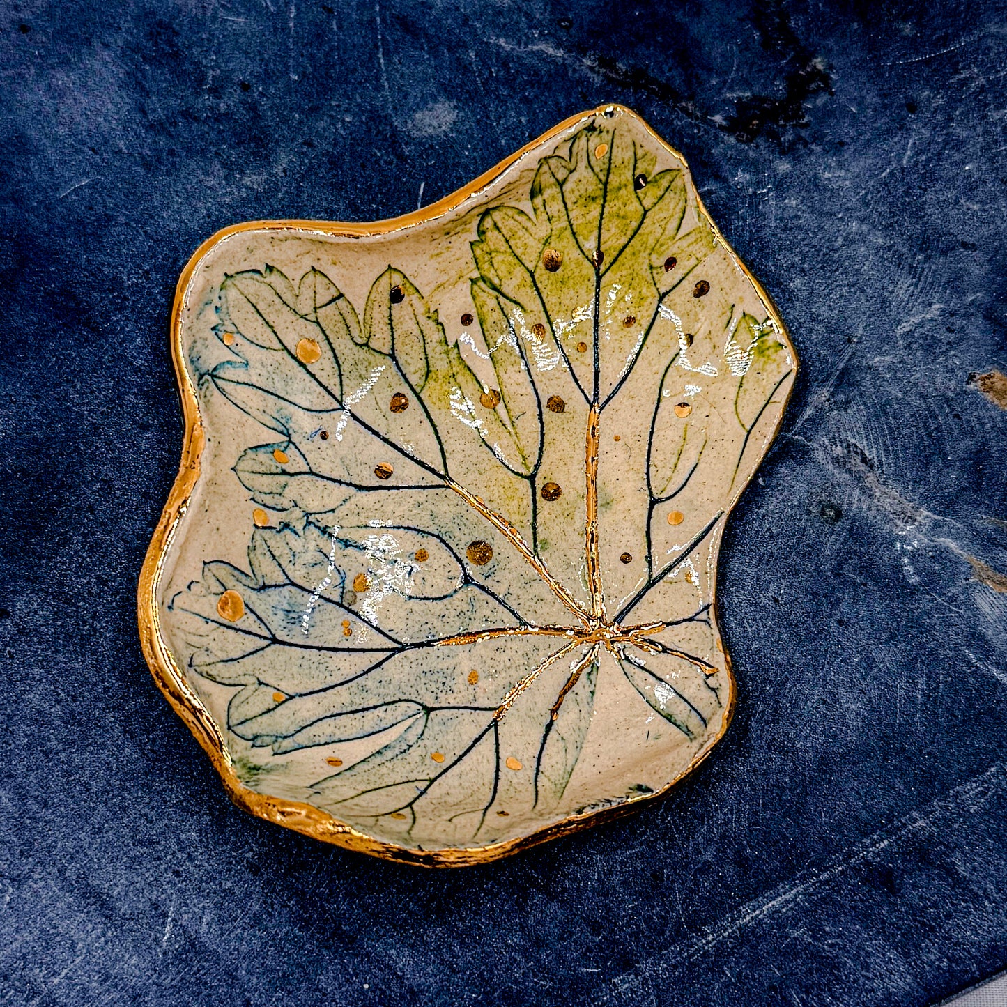 Leaf Imprint Jewelry Dish blue- green with 24K Gold