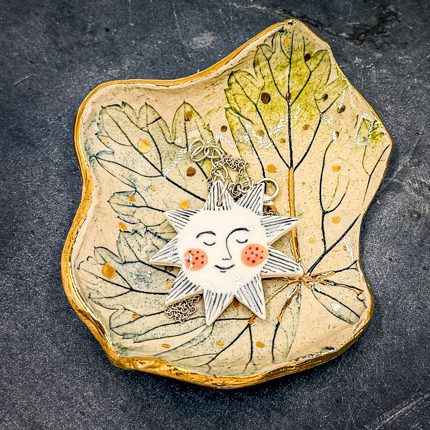 Leaf Imprint Jewelry Dish blue- green with 24K Gold