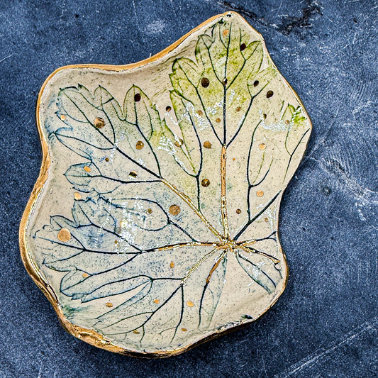 Leaf Imprint Jewelry Dish blue- green with 24K Gold