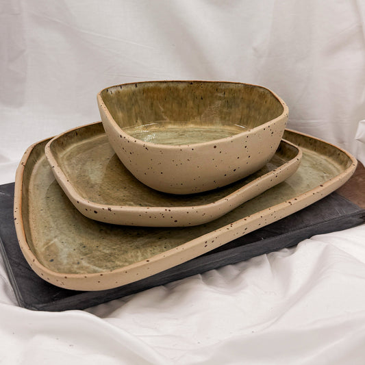 Handmade Tableware Set – Speckled Clay with Olive Glaze