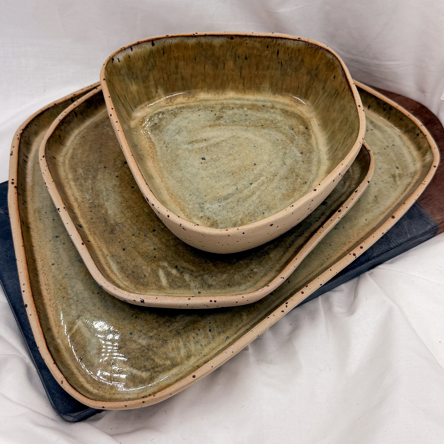 Handmade Tableware Set – Speckled Clay with Olive Glaze