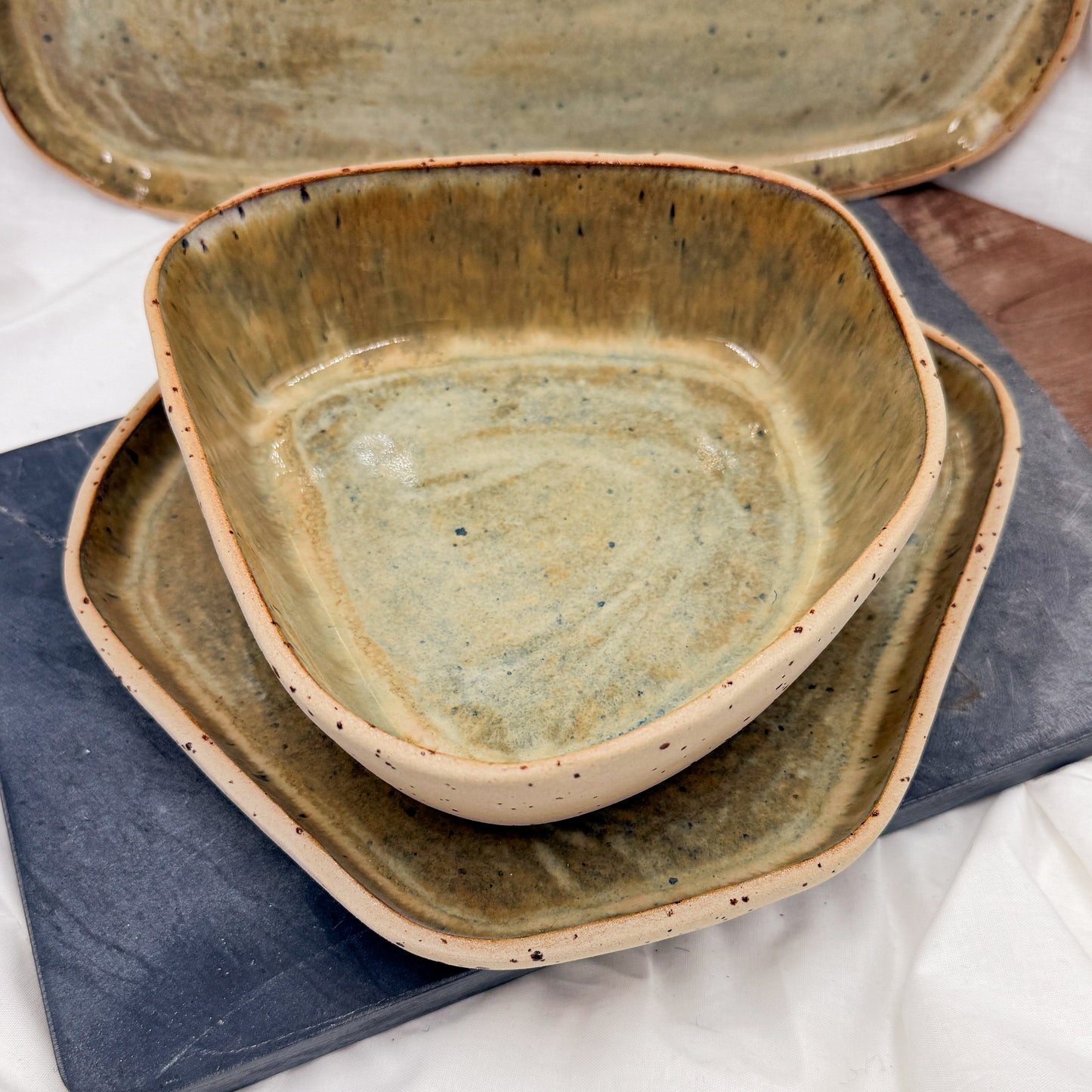 Handmade Tableware Set – Speckled Clay with Olive Glaze